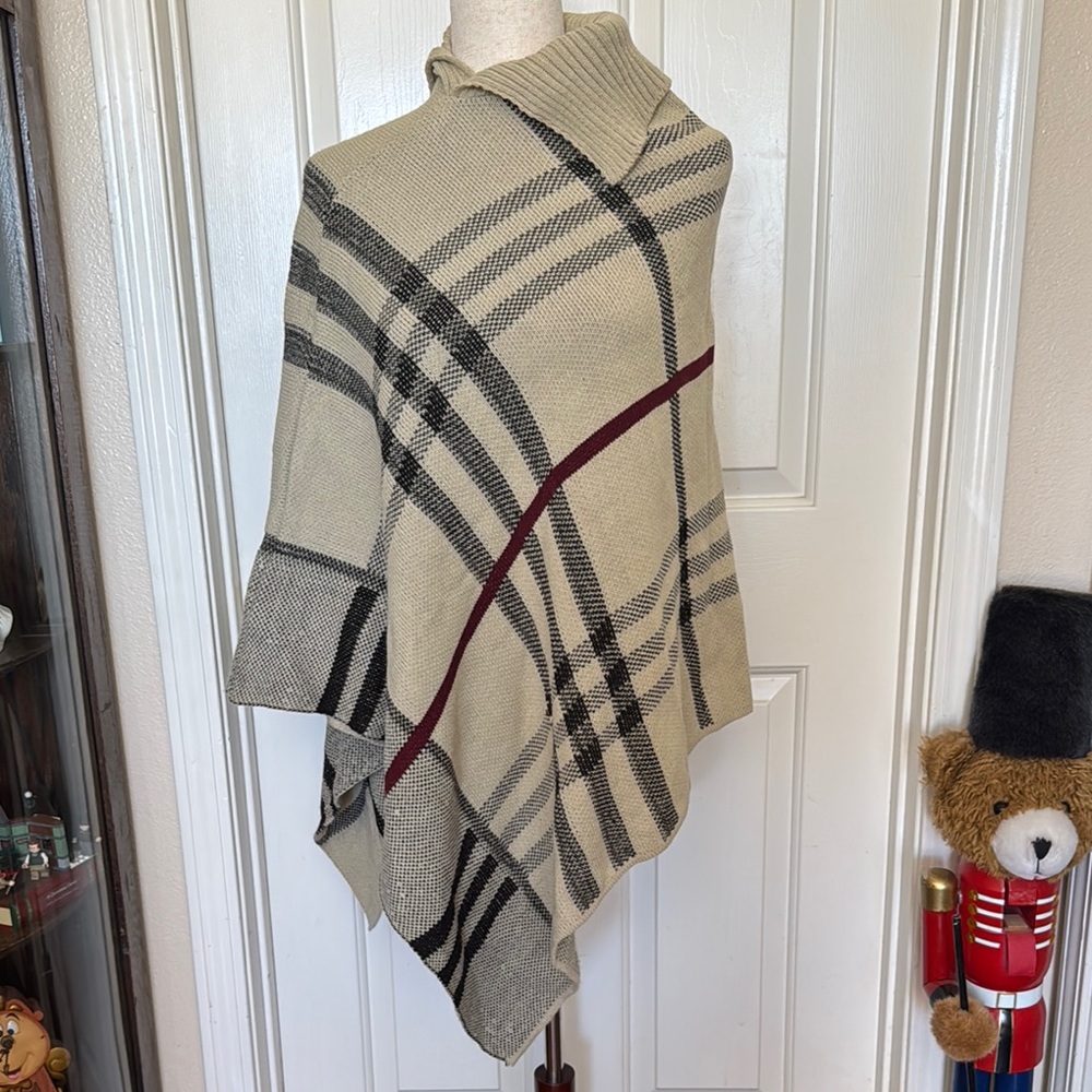 Plaid Knit Poncho with Red Accent